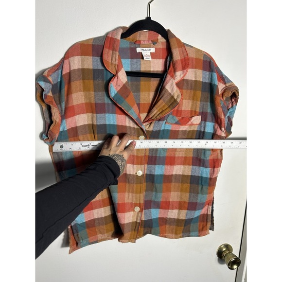 Madewell Plaid Flannel Pajama Top M Short Sleeve Button Up Multi Color Cotton - Picture 9 of 9